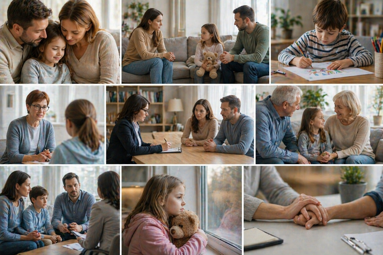 Illustration of a child sitting between two adults, with a mediator facilitating a conversation.